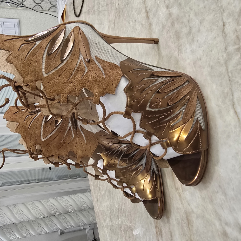 Elegant Bronze Leaf-Design Women's Heels